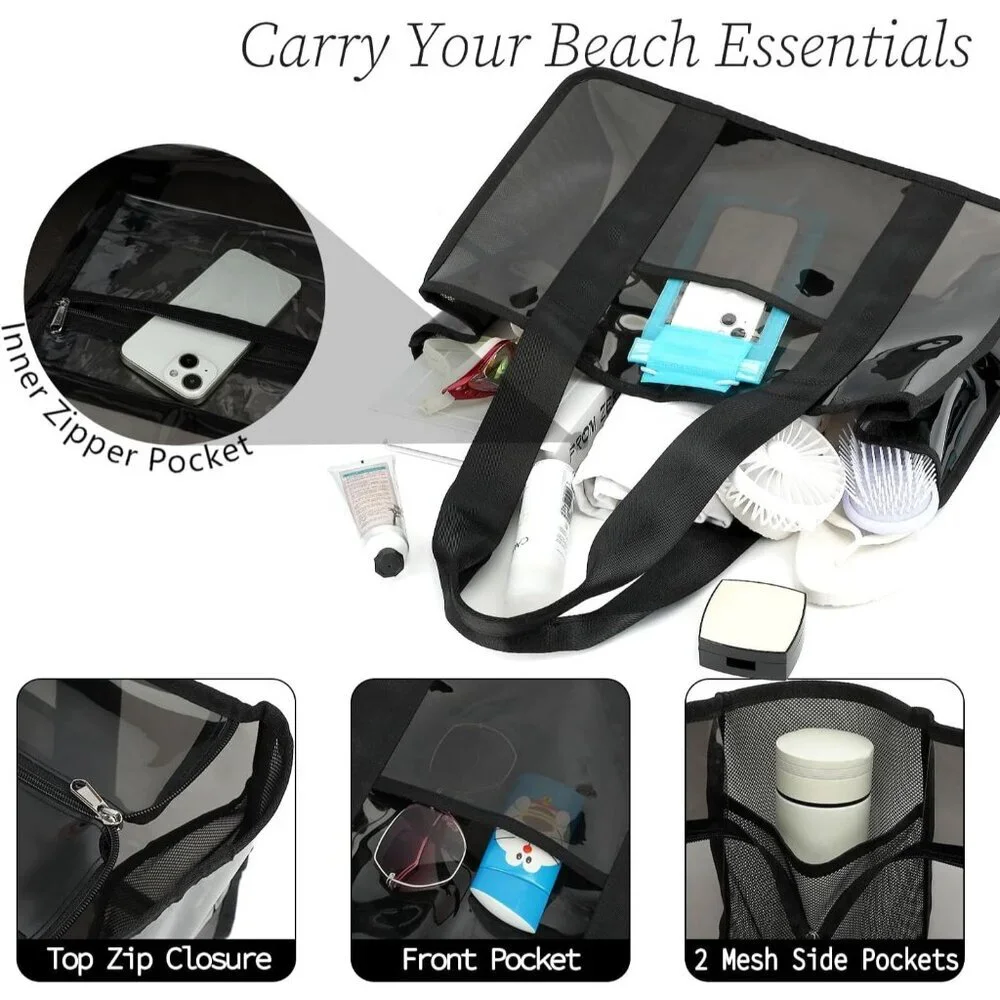Durable Clear Beach Bag with Zipper - Large Jelly Black Tote for Every Adventure - Picture 4 of 7